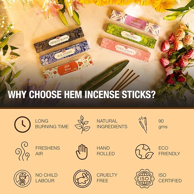 Hem Assorted Incense Sticks Variety 6 Incense Sticks Packs x 15 GMS-Aromatherapy Incense for Calm, Inscents Stick Gift Set, Perfect for Meditation and Relaxation (Hem Floral Series)