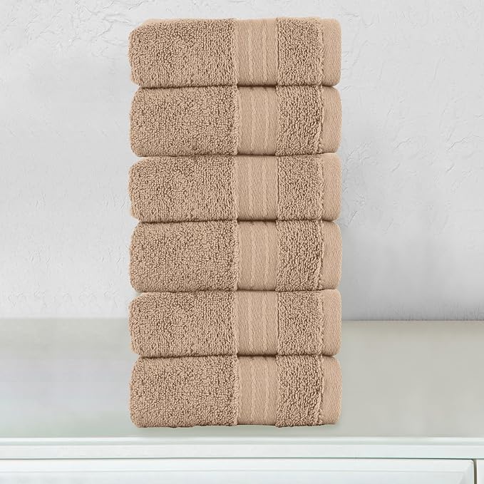 Elegant Comfort Premium Turkish Cotton 6 Pack Washcloths Set - 13 x 13 inch, Luxurious Hotel Spa Quality 100% Turkish Cotton 6PC Washcloth Set - Highly Absorbent - Soft Bathroom Towels, Taupe