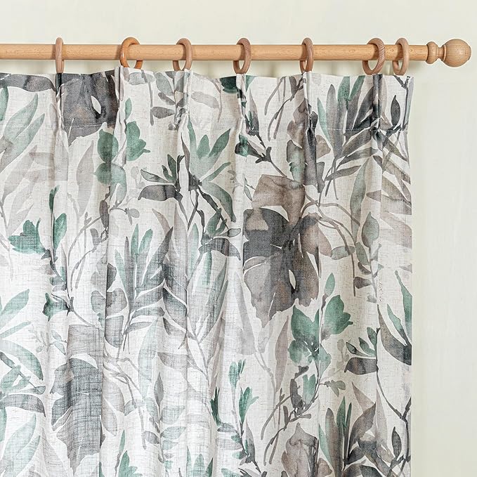 MYSKY HOME Pinch Pleated 95 Inches Floral Curtains for Living Room/Dining Room Burlap Effect Printed Privacy Protect Linen Drapes Window Treatments, 2 Panel, Brown and Natural