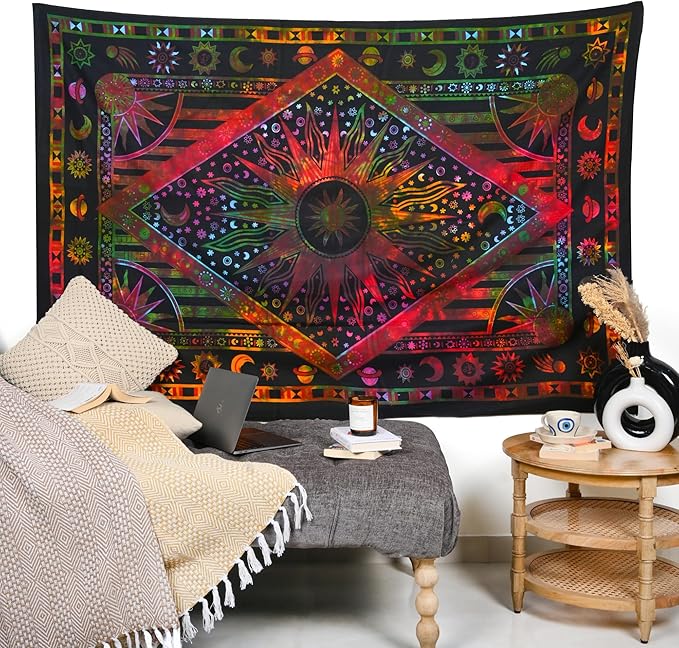 RAJRANG Sun and Moon Tapestry - 50x60 Inches Orange-Multi Cotton Indian Hippie Mandala Psychedelic Burning Sun Wall Hanging Bohemian Bedspread Trippy Celestial Zodiac Tapestries for Bedroom Decor