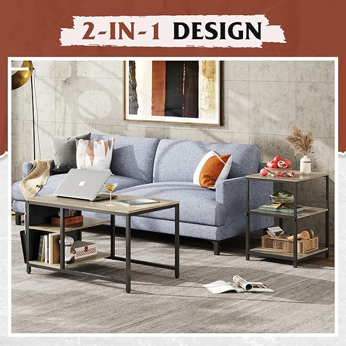 WLIVE Coffee Table, Adjustable Coffee Table Set of 2, Small End Table for Living Room, Bedroom, Grey