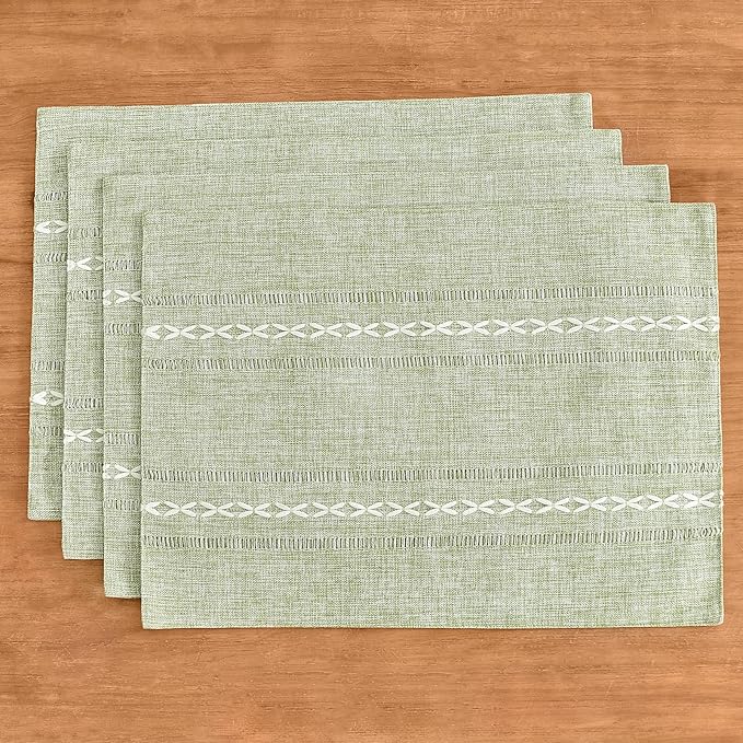 Wracra Cotton Linen Placemats, 12 x 18 Inch Set of 4 Fete Placemats Rustic Hemstitch Place Mats for Kitchen Table and Heat Resistant-Sage Green