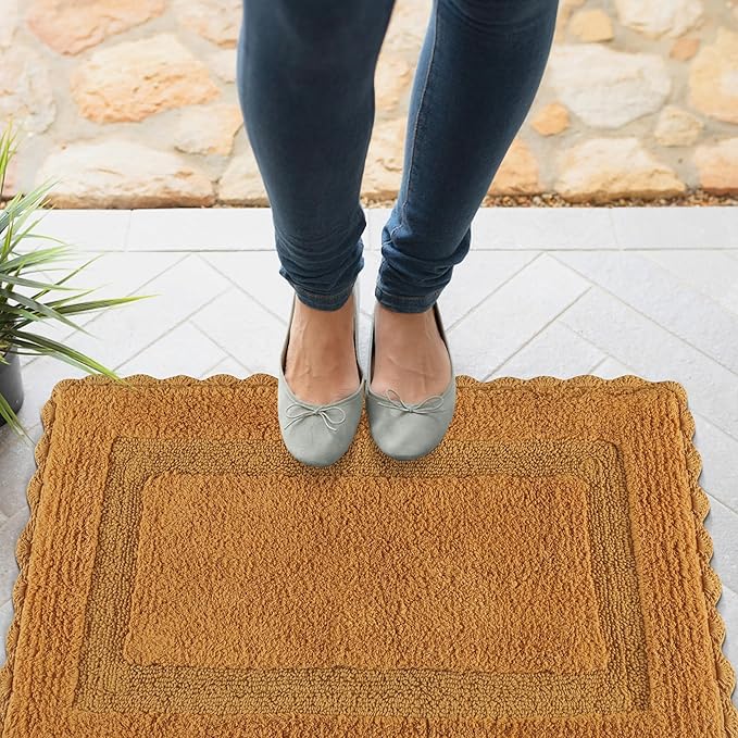 Cotton Crochet Bathmat with Antiskid 21x34 Mustard, 100% Pure Cotton, Super Soft White, Plush & Absorbent, Hand Tufted Heavy Weight Construction, Full Reversible Step Out Rugs