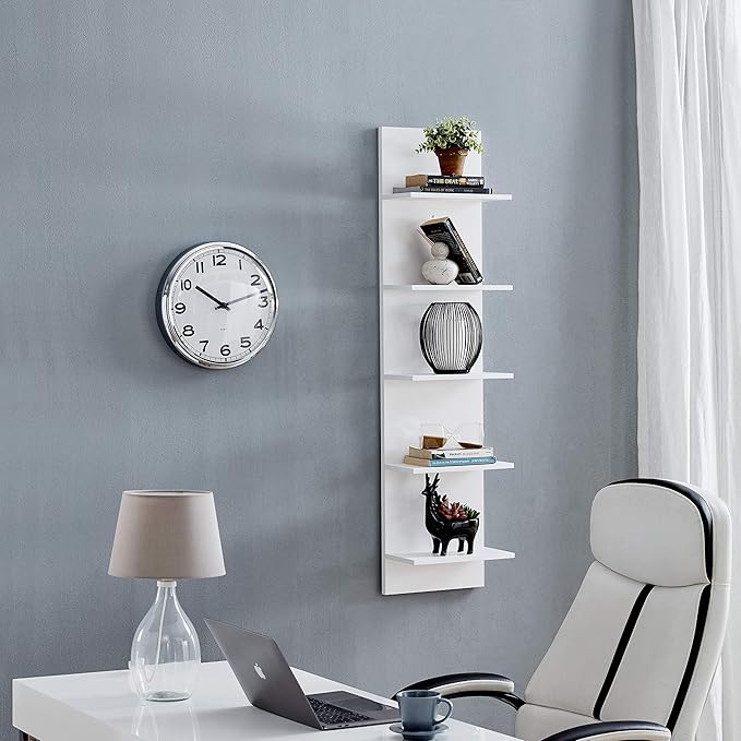 Danya B. Narrow Decorative Wall Mount Vertical Shelving Unit – Modern Column with 5 Shelves Home or Office for Books, Décor Display (White)