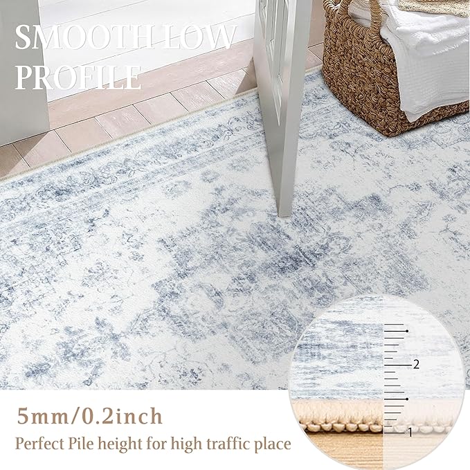 Area Rug 4x6 Washable Blue Rug Vintage Boho Medallion Entryway Door Mat Distressed Retro Carpet Non Slip Low Pile Small Soft for Office Kitchen Bedroom Laundry Bathroom Hallway