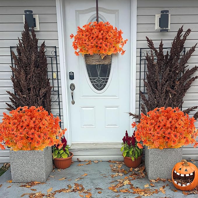 AmyHomie 20 Bundles Fall Orange Artificial Flowers for Outdoor Fall Decor UV Resistant Faux Flowers No Fade Fake Plastic Plants Garden Porch Window Box Decorating