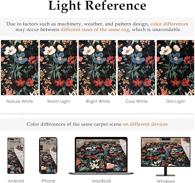 Floral Runner Rug 2x6 Washable Hallway Long Black Bedroom Carpet Non Slip Indoor Boho Kitchen Low Pile Accent Rug Lightweight Soft for Bathroom Dining Laundry Living Room