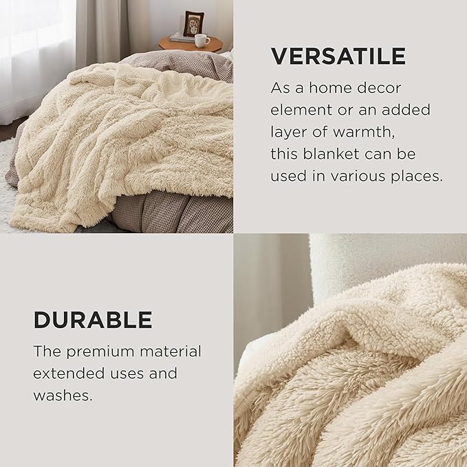 Bedsure Fluffy Beige Blankets Queen Size for Bed, Thick Sherpa Faux Fur Fleece Fuzzy Plush Winter Warm Heavy Soft Full Queen Blankets, Bedroom Decor Beige Gifts Cozy Gifts for Women Men, 90x90