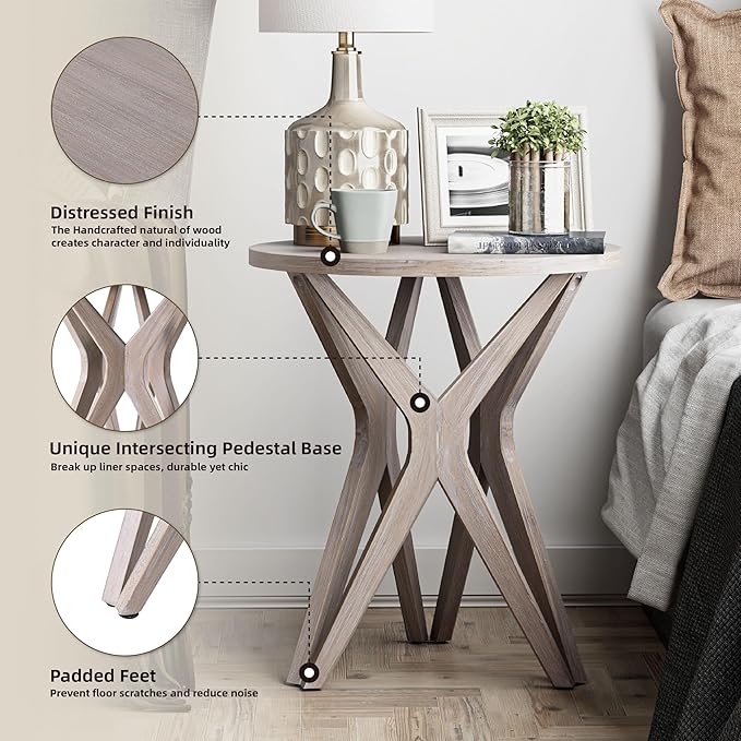 LONYKE Pedestal Farmhouse End Table, Distressed Top with Tripod Base Bedside Table for Living Room, Modern, Boho Decor, Round (1 Pack, Distressed Aah Grey)