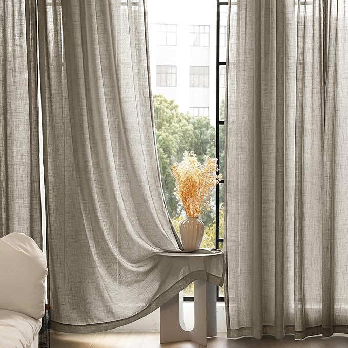 Taupe Linen Curtains 90 inches Long for Living Room Back Tab Rustic Farmhouse Semi Sheer Light Filtering Window Curtain Dining Room Soft Thick Flax Linen Textured Drapes Burlywood Birch Dark Brown