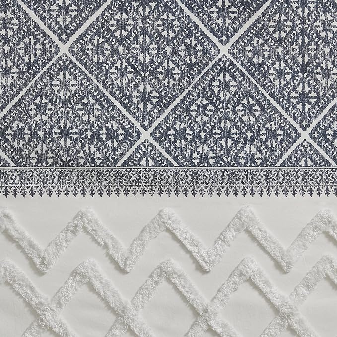 INK+IVY Mila 100% Cotton Single Panel Curtain Tufted Chenile Boho Design Rod Pocket Top Drape for Living Room, Privacy Window Treatment for Bedroom, 50" x 84", Navy/White