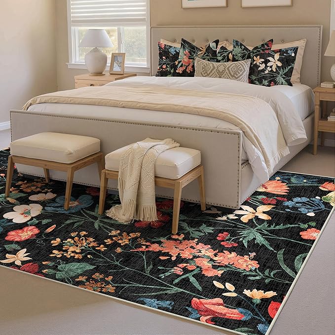 Black Area Rug 3x5 Office Floral Boho Door Mat Indoor Washable Kitchen Carpet Non Slip Bedroom Low Pile Lightweight Soft Throw Rug for Living Dining Room Bathroom