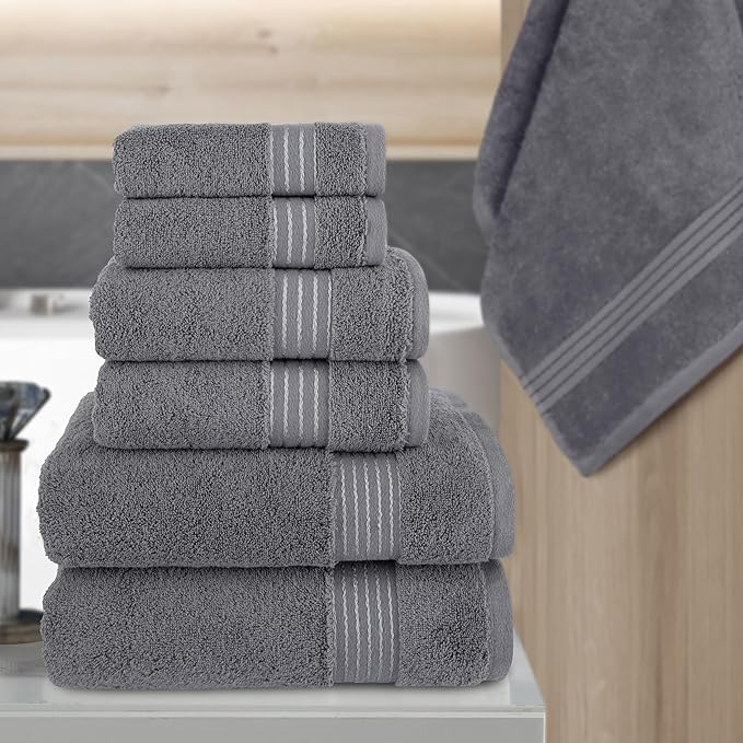 Elegant Comfort Premium Cotton 6-Piece Towel Set, Includes 2 Washcloths, 2 Hand Towels and 2 Bath Towels, 100% Turkish Cotton - Highly Absorbent and Super Soft Towels for Bathroom, Grey