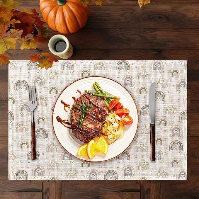 Boho Rainbow Placemats Set of 6,Washable Heat Resistant 12×18 Inch Linen Table Mats Cute Place Mats for Party Outdoor Dining Décor