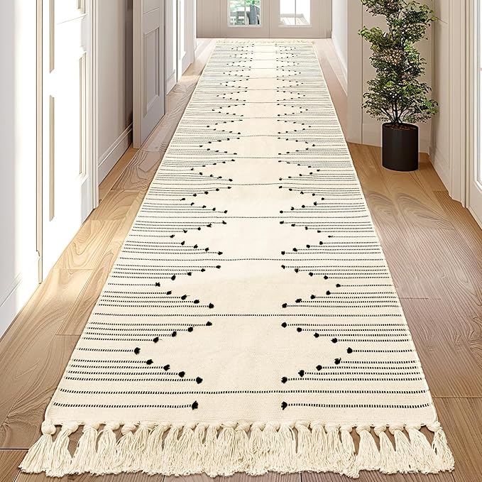Tritard Boho Hallway Runner Rug 2x12 - Washable Lightweight Area Rug Farmhouse Aztec Cotton Long Rugs with Tassels Kitchen Bathroom Woven Low Pile Thin Carpet for Entryway, Bedroom, Beige Cream