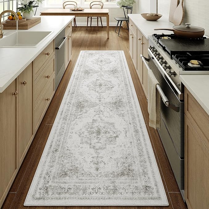 Runner Rug 2x7 Washable Light Gray Hallway Runner Vintage Boho Medallion Non Slip Grey Distressed Retro Carpet Indoor Low Pile Long Soft Rug for Kitchen Entryway Bedroom Bathroom Laundry