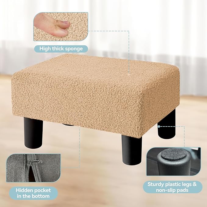 BRIAN & DANY Small Foot Stool Ottoman, Footstool with Legs, Teddy Velvet Foot Rest for Living Room, Bedroom and Office, Champagne Color