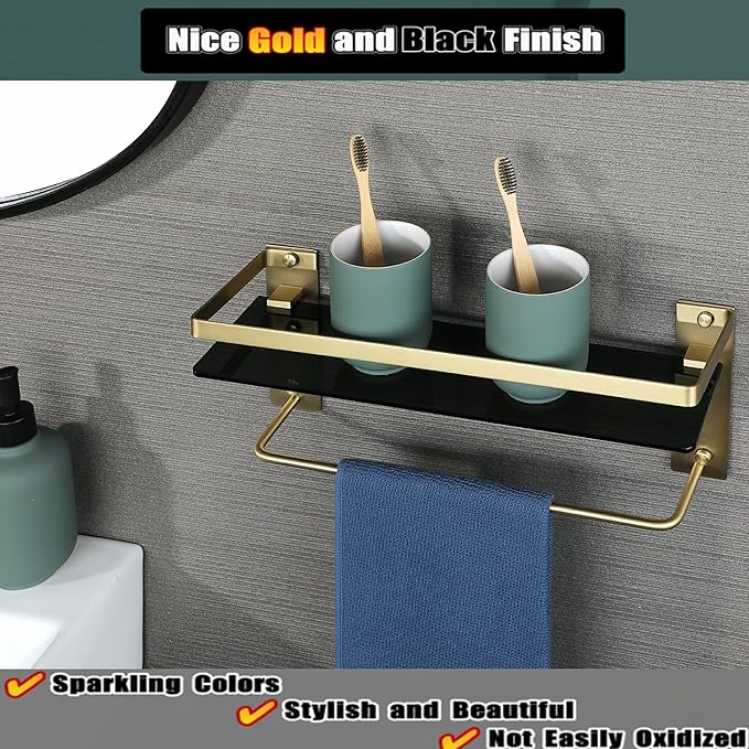 Alise Bathroom Shelves Glass Shelf with Bar,Wall Mount Floating Shelves for Bathroom,1 Tier Tempered Glass Holder Storage Organizer,SUS304 Stainless Steel Gold and Black GDL2001-GB