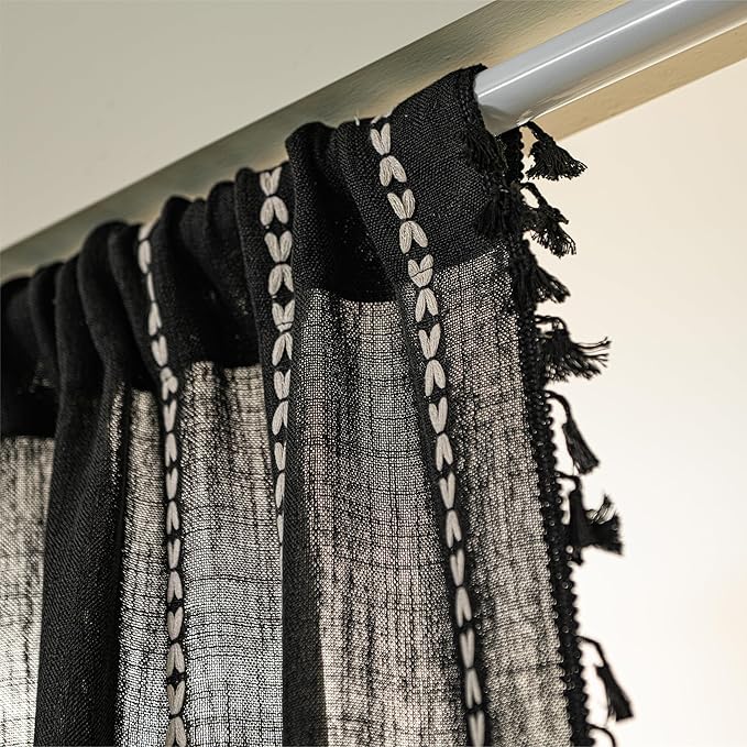 Sutuo Home Door Curtains for Doorway, Bohemian Semi Blackout Curtains Privacy Embroidery Stripes Decor for Temporary Room Dividers Bedroom Living Room, Rod Pocket 1 Panel 37" W x 80" L, Black