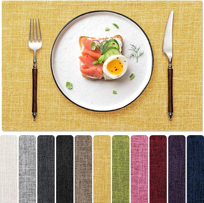 Placemats Set of 4, Dual-Layered Thickened Faux Linen Cloth Place Mats Heat Resistant Machine Washable Wrinkle Free Table Mats Indoor/Outdoor (Yellow)
