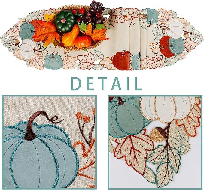 OWENIE Fall Table Runner, Thanksgiving Pumpkins Table Runner 70 Inches Long, Embroidered Harvest Farmhouse Fall Decor for Home, Halloween Table Decorations , 13 x 70 Inches