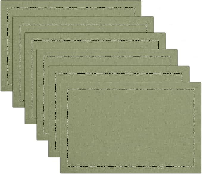 Ruvanti Linen Placemats Set of 6-13x19 Inch, Classic Hemstitch, Heat Resistant Machine Washable Place Mats, Soft & Elegant- Perfect for Christmas, Thanksgiving, Weddings, Dinner - Martini Olive