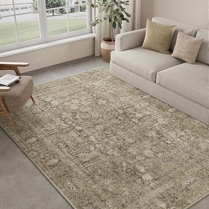 Brown Area Rug 3x5 Office Entryway Rug Machine Washable Kitchen Vintage Distressed Non Slip Carpet Indoor Retro Floral Accent Throw Door Mat for Bathroom Bedroom Dining Living Room