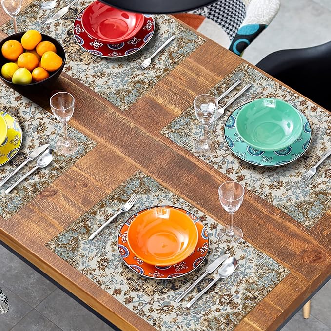 Ethnic Boho Placemats Set of 6 Bohemian Carpet Vintage Black Teal Grey Floral Linen Washable Kitchen Dining Table Mats Stain Heat-Resistant Desktop Decor Place Mats for Home Party Indoor 12x18 in
