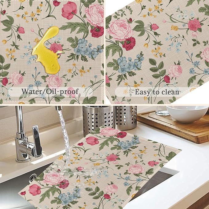 Summer Floral Placemats Set of 6,Washable Heat Resistant 12×18 Inch Linen Table Mats Vintage Rose Place Mats for Summer Party Outdoor Dining Decor