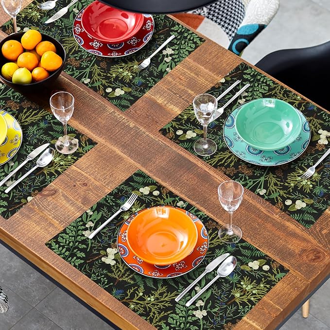 Green Leaves Placemats Set of 4 Botanical Fern Leaf Floral Place Mats Washable Kitchen Dining Spring Summer Black Linen Table Mats Stain Heat-Resistant for Home Party Indoor 12x18 in