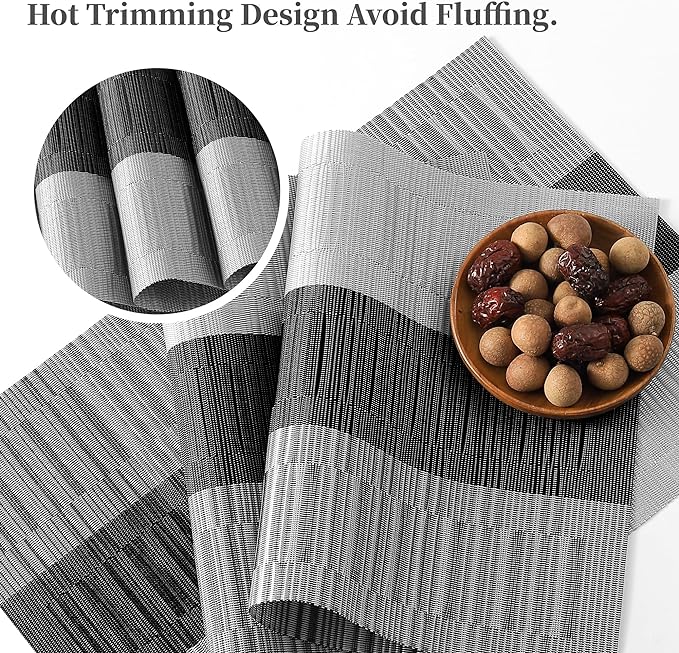Leetaltree Grey with White Striped Placemats Set of 12 - Heat Resistant Non-Slip Place mats for Dining Table, Washable Durable PVC Vinyl Woven Table Mats(Grey Stripe, 12)