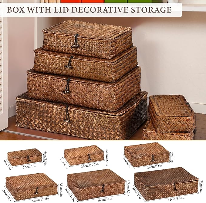 6 Pcs Seagrass Storage Baskets with Lid Large Wicker Decorative Storage Baskets Stackable Boxes Woven Rectangular Rattan Storage Bins Shelf Baskets Organizer for Closet Bedroom, Coffee