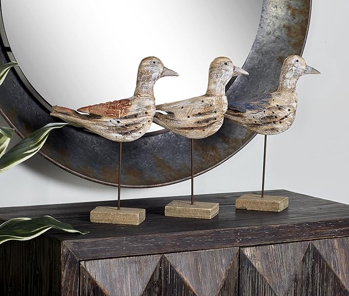 Deco 79 Wood Bird Decorative Sculpture Home Decor Statues, Set of 3 Accent Figurines 11"W, 14"H, Brown