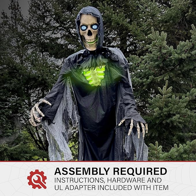 Haunted Hill Farm Motion-Activated 10-Ft. Tall Towering Reaper, Plug-in Talking Scare Prop Animatronic with Spooky Sound Effects and Lights for Indoor or Covered Outdoor Creepy Halloween Decoration