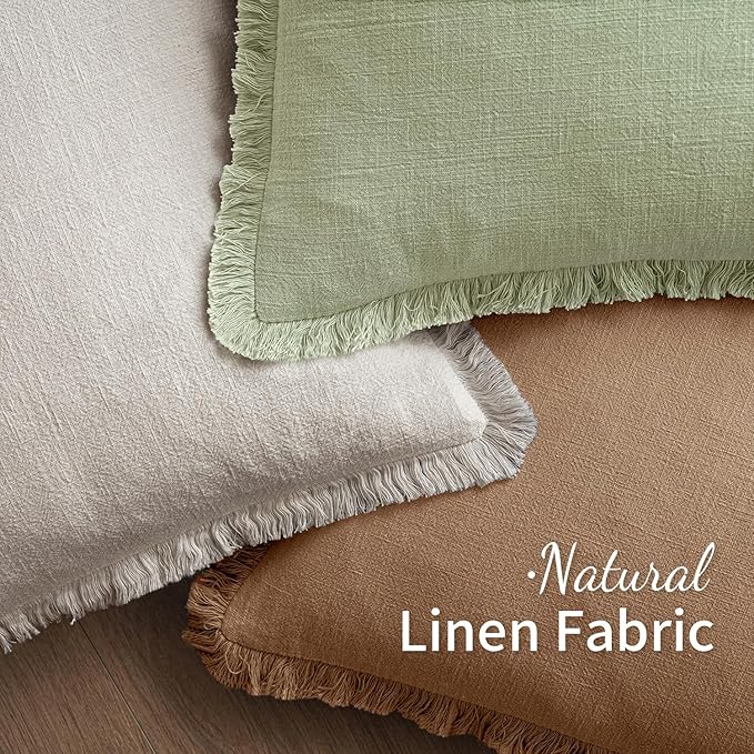 MIULEE Decorative Throw Pillow Covers Neutral Linen Fringe Throw Pillows Set of 2 Sage Green Boho Farmhouse Cushion Covers with Tassels for Couch Sofa Bed Living Room Spring Home Decor 20x20 Inch