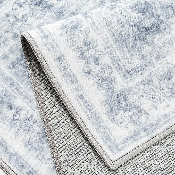 Washable Rug 9x12 Area Rug for Living Room Blue Vintage Boho Medallion Large Distressed Retro Carpet Non Slip Indoor Low Pile Small Soft Bedroom Dining Room Home Office
