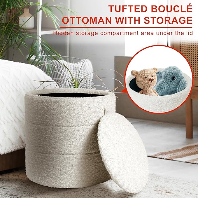 HomePop Storage Round Ottoman with Removable Lid Home Décor|Upholstered Round Foot Rest Ottoman - Cream Boucle