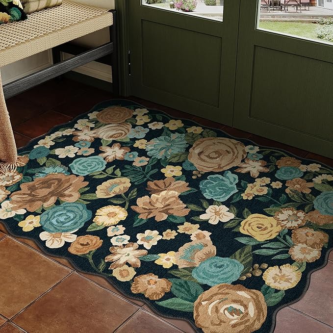Washable Floral Area Rug 2x3 Black Small Entryway Carpet Scalloped Flower Non Slip Soft Entrance Door Mat Farmhouse Low Pile Indoor Thin Floor Cover for Bathroom Kitchen Bedroom Laundry Room