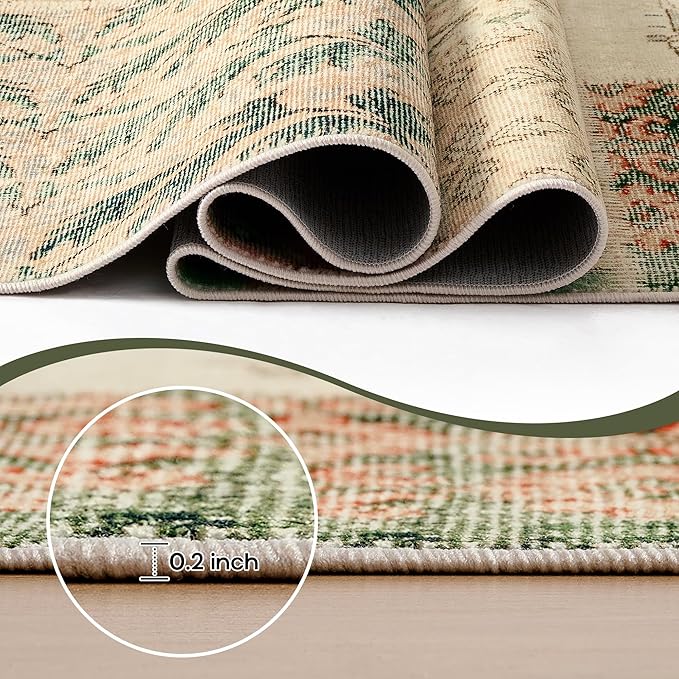 Area Rug 6x9 for Living Room,Boho Floral Botanical Plaid Geometric Print Neutral Washable Stain Resistant Farmhouse Rugs for Dining Room Table,Light Tan Beige Brown and Dark Green Rust Burnt Orange