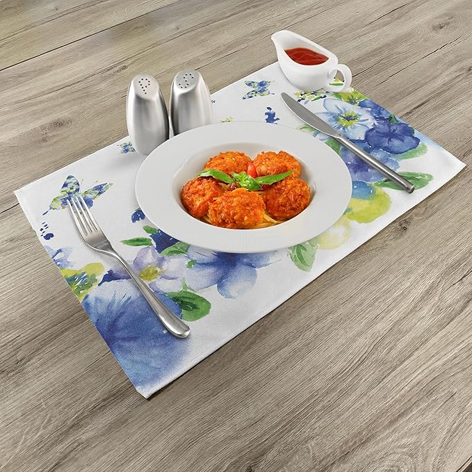 Ambesonne Yellow and Blue Place Mats Set of 8, Spring Flower Watercolor Flourishing Vibrant Blooms Design, Washable Fabric Placemats for Dining Table, Placemat 8 pcs, Royal Blue