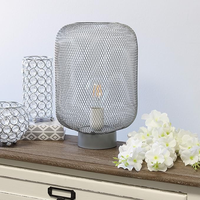 Simple Designs LT1072-GRY Metal Mesh Industrial Table Lamp, Gray