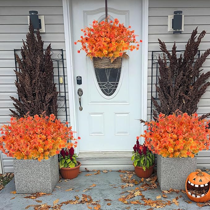 AmyHomie 20 Bundles Mix Orange Artificial Fall Flowers for Outdoor Fall Decor UV Resistant Fake Mums No Fade Fake Plastic Plants Garden Porch Window Box Decorating