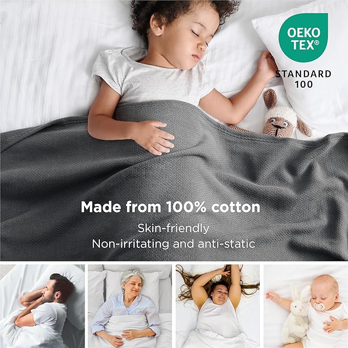 Bedsure 100% Cotton Blanket King Size for Bed - Breathable and Lightweight, Soft Cozy Textured Herringbone Woven Blanket for Summer, Dark Grey, 108x90 inches