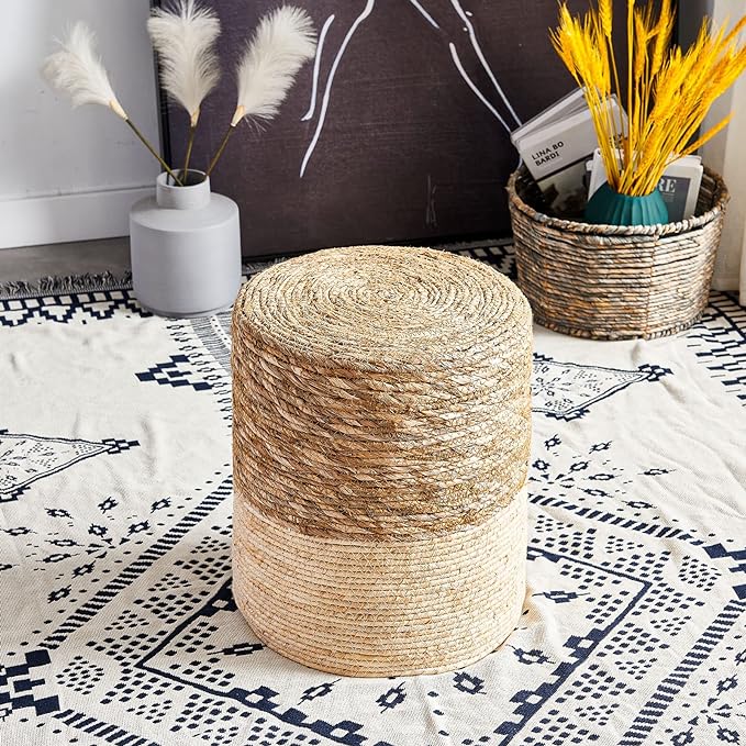Cplxroc Pouf Ottoman, 100% Handwoven Seagrass Braided Pouffe, Boho Decor Floor Chair for Couch or Desk, Outdoor Ottomans for Garden, Round Footrest with Wood Frame, Home Decorative Seat for Balcony