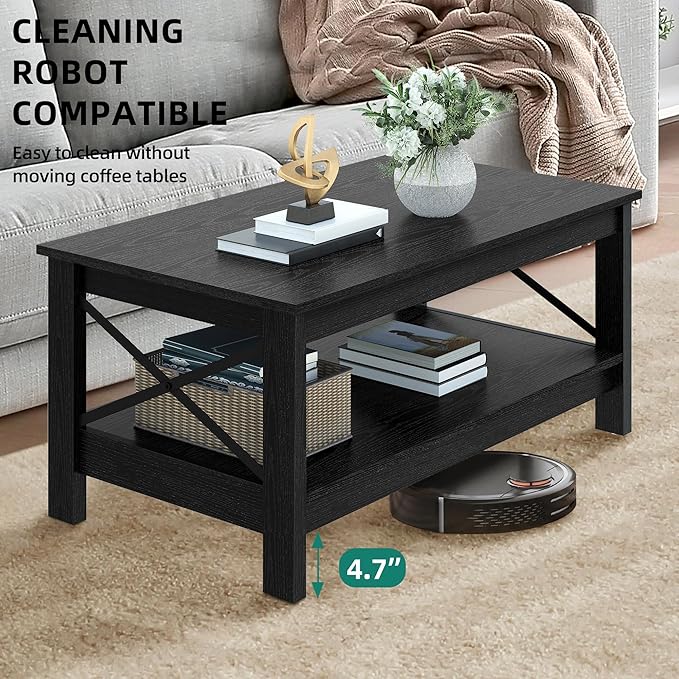 YITAHOME Coffee Table for Living Room, Modern Farmhouse Coffee Table with Storage, 2-Tier Center Table for Living Room Wood Living Room Table Accent Cocktail with Sturdy Frame, Black