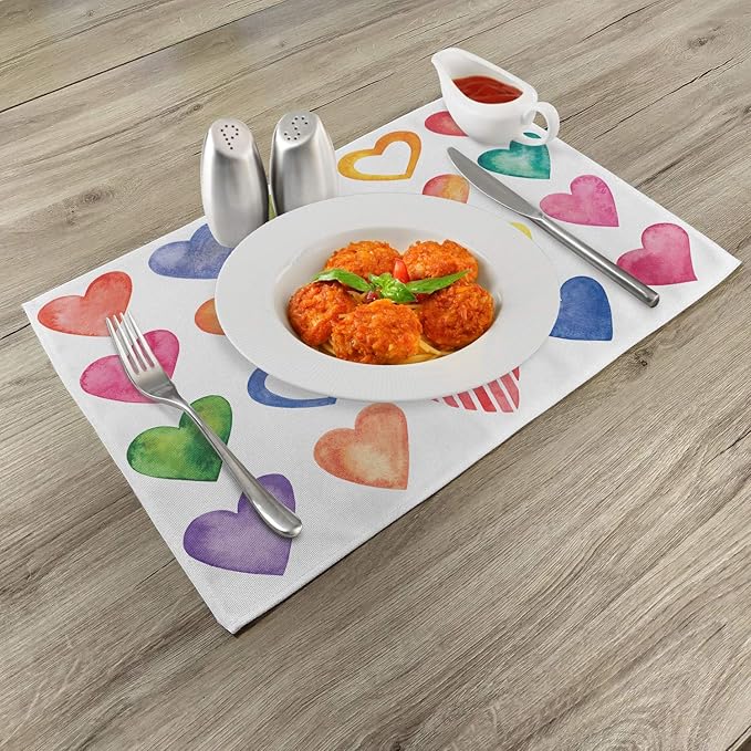 Ambesonne Grunge Place Mats Set of 4, Rainbow Color Heart Shapes Valentine's Day Design Romantic His and Hers Theme, Washable Fabric Placemats for Dining Table, Standard Size, Red Multicolor