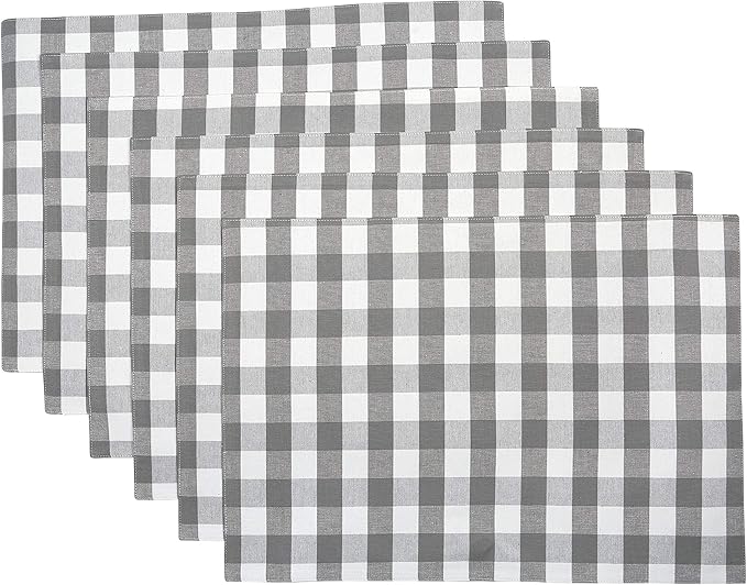 Urban VillaPlacemats for Dining Table 100% Cotton Placemats 14''x20'' Over Sized Tablemats Set of 6 Placemats Grey/White Buffalo Check Tablemats for Family Dinners Wedding PartiesPlacemats