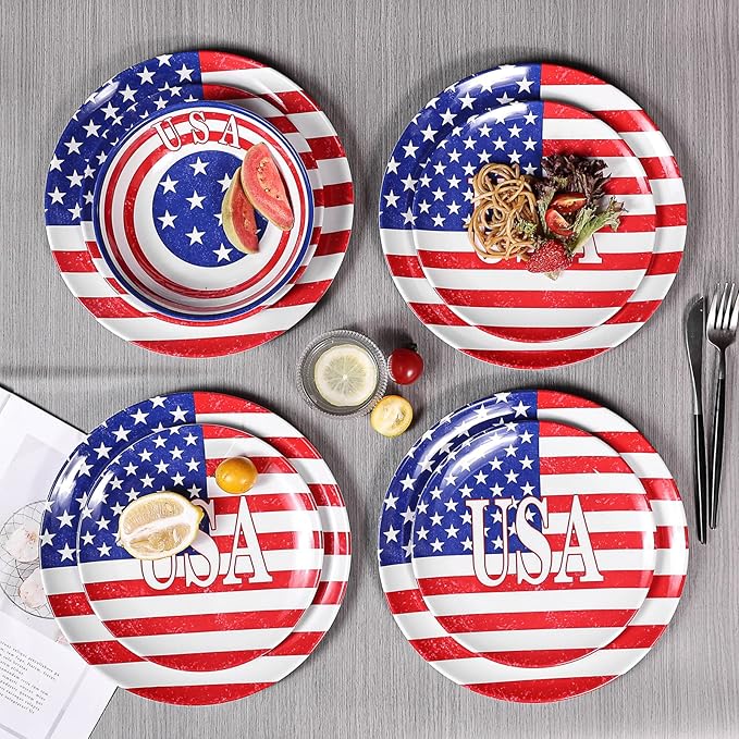 Melamine Dinnerware Sets 12 Pcs Independence Day American Flag Melamine Dinner Plates, Dishes & Bowls Set for 4th July