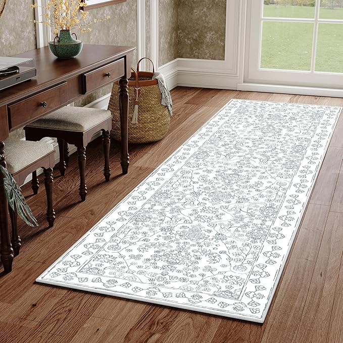 Floral Runner Rug 2x8 Hallway Washable Blue Kitchen Carpet Non Slip Boho Thin Farmhouse Throw Accent Long Rug for Laundry Bathroom Office Bedroom