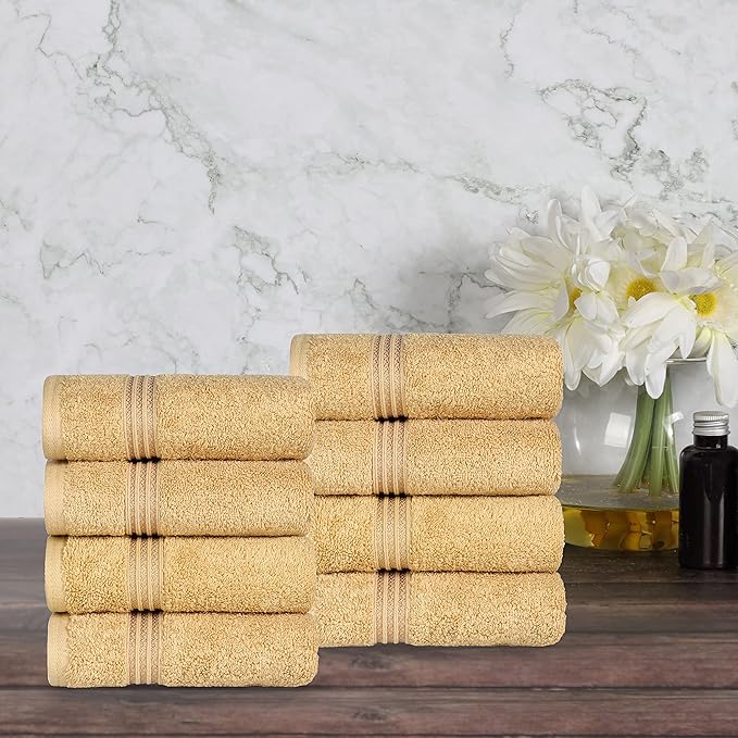 Superior Egyptian Cotton 8-Piece Hand Towel Set, Towel Basics for Quick Dry, Absorbent Small Towels, Facial, Spa, Kitchen, Bathroom Essentials, Apartment, Guest Bath, Soft, Washcloth, Gold